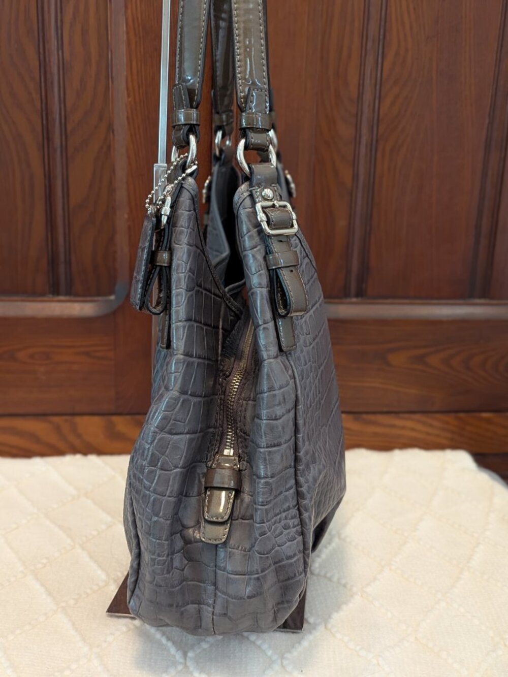 Coach Madison Maggie Shoulder Bag Croc Embossed Grey Leather - Picture 5 of 14